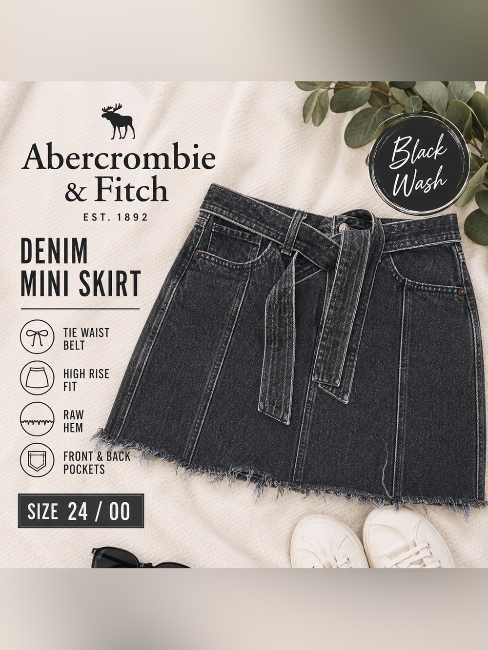 Abercrombie & Fitch Denim Mini Skirt Black Wash Tie Waist Size 24/00
